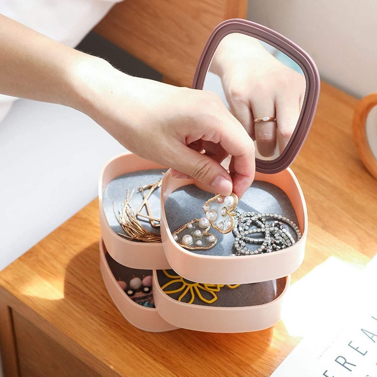 Rotating Jewelry Organizer Box with Mirror Lid 4 Layer